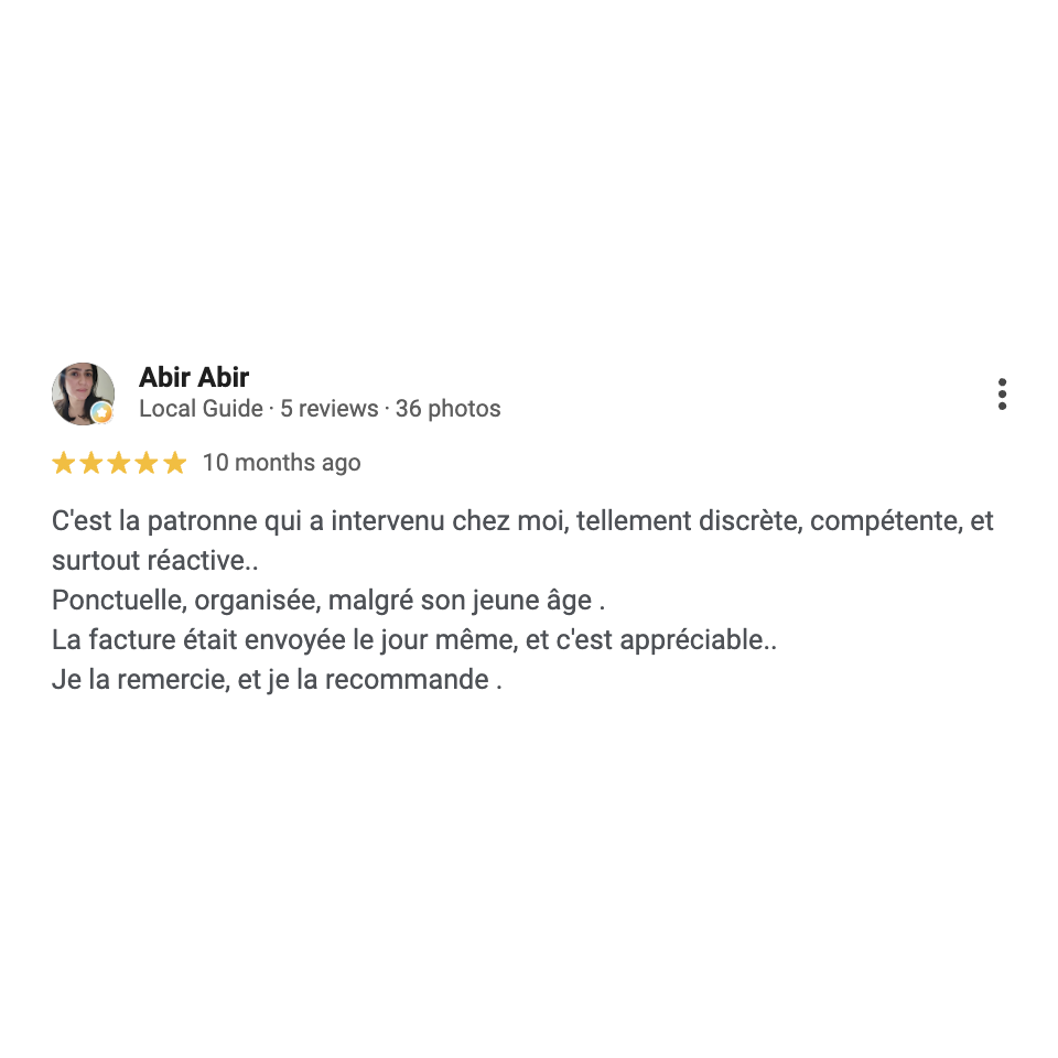 Avis Google 5 étoiles d'Abir sur Fresh Start Nettoyage