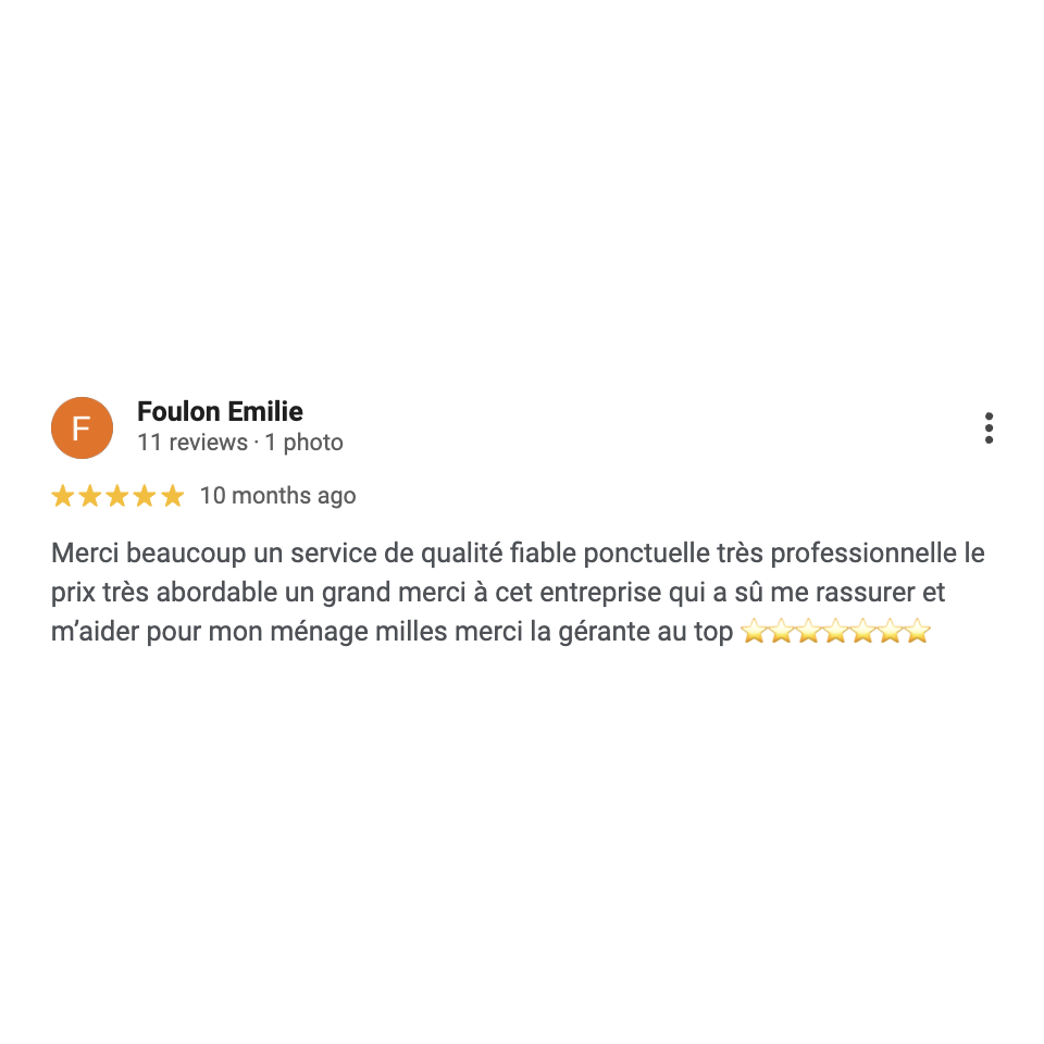 Avis Google 5 étoiles de Foulon Emilie sur Fresh Start Nettoyage